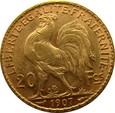Francja  - 20 franków 1907 - KOGUT -  Paryż - WYSYŁKA GRATIS