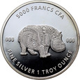 20. Czad, 5000 franków CFA, Hipopotam, 1 Oz Ag999 #AR
