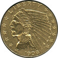 USA - 2 1/2 dolara 1908 głowa indianina złoto stan II+ oraz dodatek