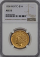 USA, 10 Dolarów Indian Head 1908 MOTTO rok, NGC AU 55