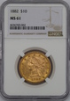 USA , 10 Dolarów Liberty Head 1882 rok , MS 61 NGC, /K7/
