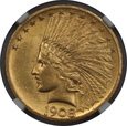 USA, 10 Dolarów Indian Head 1908 MOTTO rok, NGC