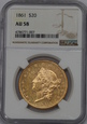 USA, 20 Dolarów Liberty Head 1861 rok, NGC AU 58     