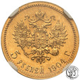 Rosja Mikołaj II 5 Rubli 1904 AP NGC MS66