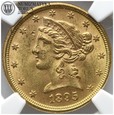 USA, 5 dolarów, 1895, NGC MS62, złoto