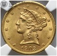 USA, 5 dolarów, 1903, S, NGC MS62, złoto