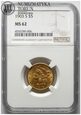 USA, 5 dolarów, 1903, S, NGC MS62, złoto