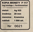 Polska, kopia monety próbnej 1923,  Kobieta z kłosami, Kremnica