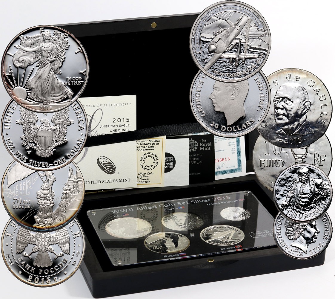 Zakończenie II Wojny Światowej, zestaw 5 srebrnych monet