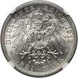 Niemcy, 3 marki 1913 A, 25 rocznica panowania Wilhelma II, NGC MS65