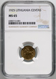 Litwa,  Republika, 1 cent 1925, NGC MS65