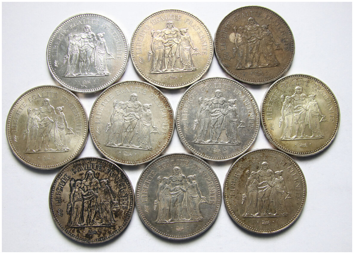 Francja, zestaw 10 x 50 franków 1975-1979