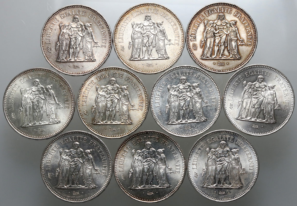 Francja, zestaw 10 x 50 franków 1974-1978