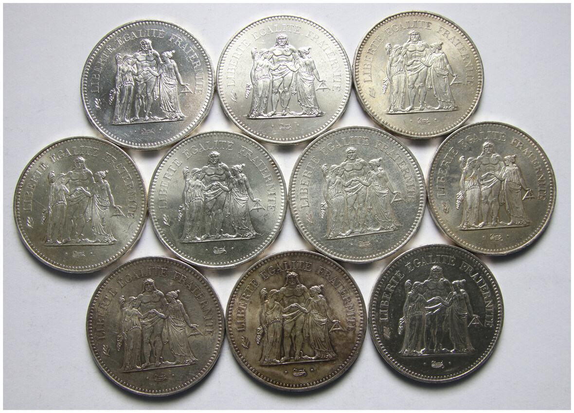 Francja, zestaw 10 x 50 franków 1976-1979