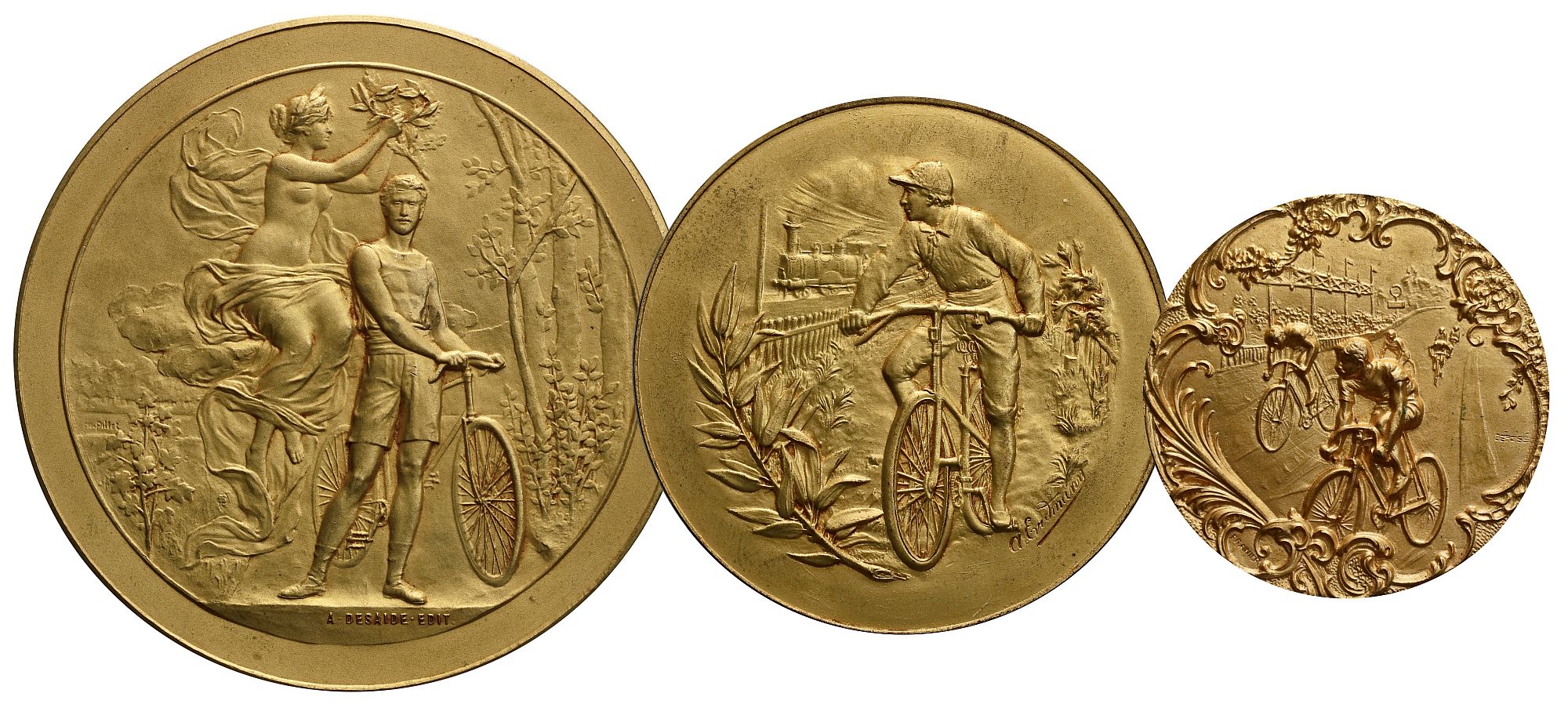 Francja, początek XX wieku, lot 3 medali o tematyce kolarskiej