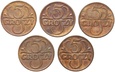 Polska, II RP, Zestaw 5 x 5 groszy 1935-1939