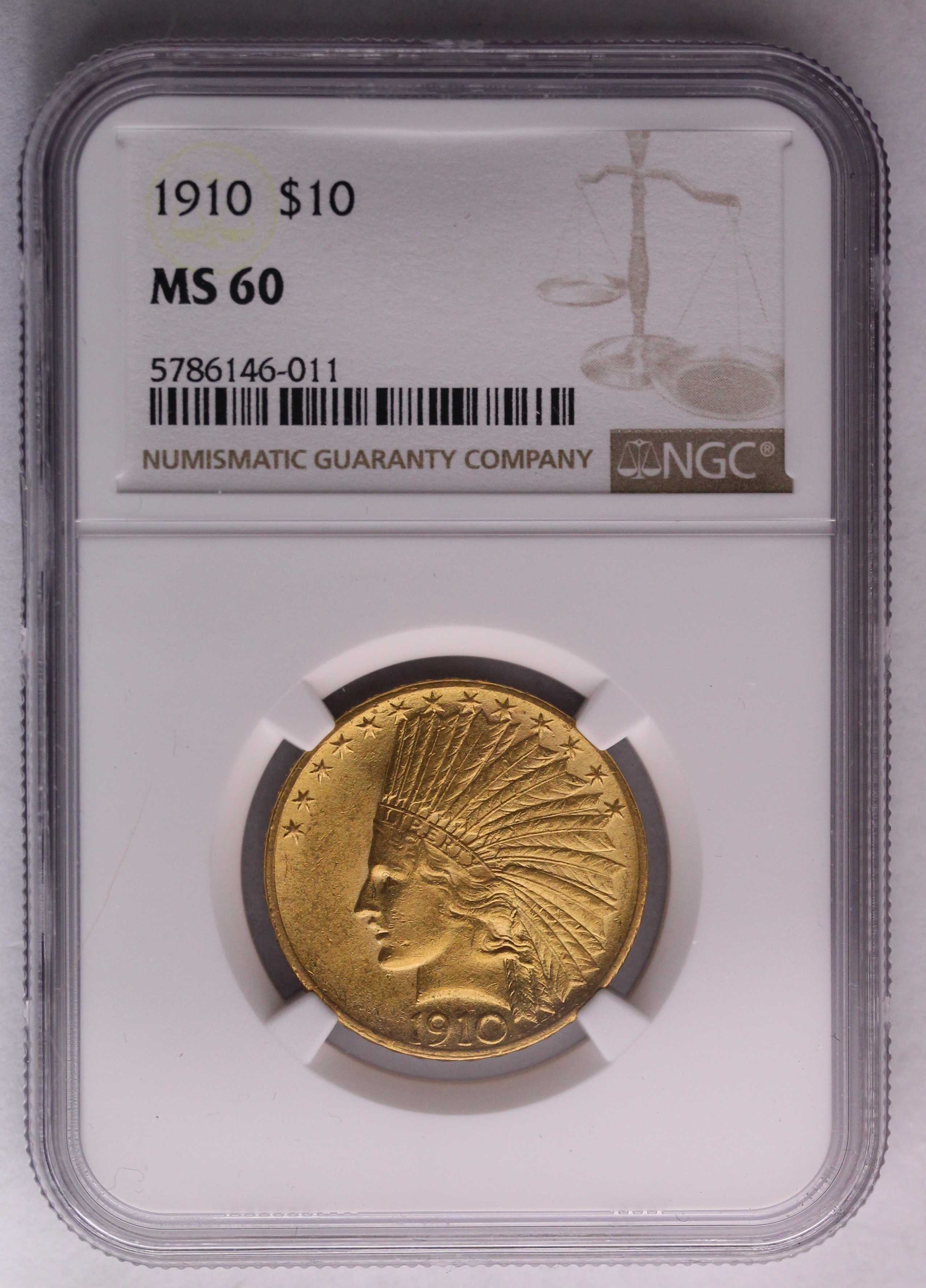USA, 10 Dolarów 'Indian Head' 1910 r. NGC - MS60