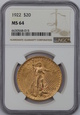 USA, 20 Dolarów St. Gaudens 1922 rok, MS 64 NGC, /K89/