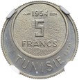 Tunezja, 5 franków 1373/1954 PRÓBA - ESSAI, NGC MS66