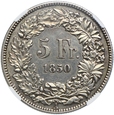 Szwajcaria, 5 franków 1850, NGC AU53