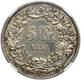 Szwajcaria, 5 franków 1851, NGC XF45