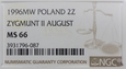 Polska, 2 złote 1996 Zygmunt II August, NGC MS66