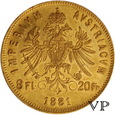 Austria , 20 Franków / 8 Forintów 1881 r. MAŁY NAKŁAD ! 