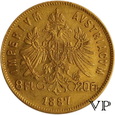 Austria , 20 Franków/8 Florenów 1887 r. 