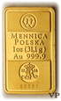 Polska , Sztabka 31,1 g.  1 Oz  AU 999,9