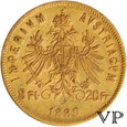 Austria , 20 Franków / 8 Forintów 1880 r. MAŁY NAKŁAD ! 