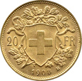 Szwajcaria, 20 franków 1908 B, stare bicie