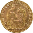 Francja, 20 franków 1911, KOGUT, Paryż , UNC