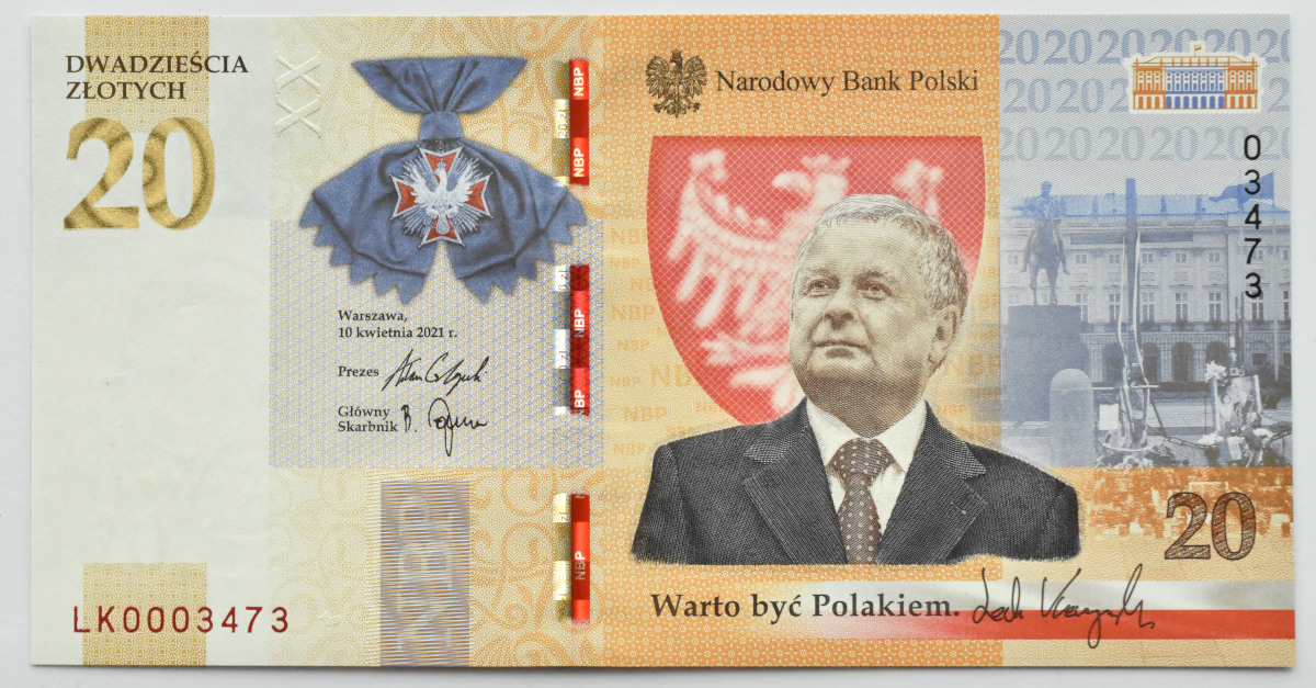 Polska, 20 złotych 2021, L. Kaczyński, UNC, NISKI NUMER