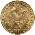 Francja  - 20 franków 1907 - KOGUT -  Paryż  - MENNICZY