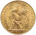 Francja  - 20 franków 1907 - KOGUT -  Paryż  Menniczy