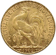 Francja  - 20 franków 1902 - KOGUT -  Paryż - wczesny rocznik