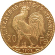 Francja  - 20 franków 1908 - KOGUT -  Paryż 