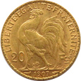 FRANCJA - KOGUT - 20 franków 1907  PARYŻ 