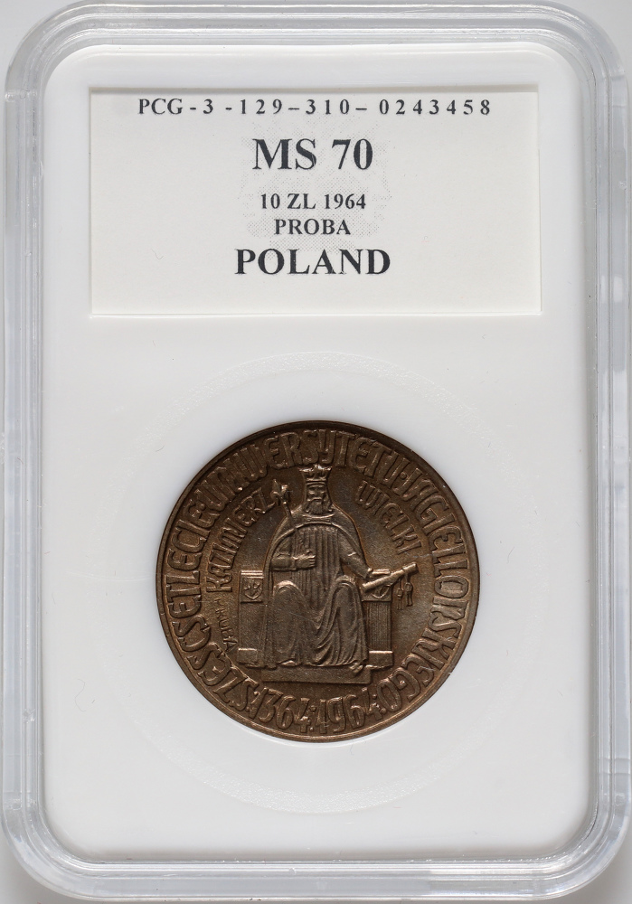 1. PRL, 10 złotych 1964, Kazimierz Wielki, PRÓBA, PCG MS70