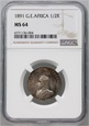 Niemiecka Afryka Wschodnia, Wilhelm II, 1/2 rupi 1891, NGC MS64