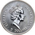 Australia, Elżbieta II, 5 dolarów 1990, Kookaburra, 1 Oz Ag999