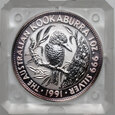 Australia, Elżbieta II, 5 dolarów 1991, Kookaburra, 1 Oz Ag999