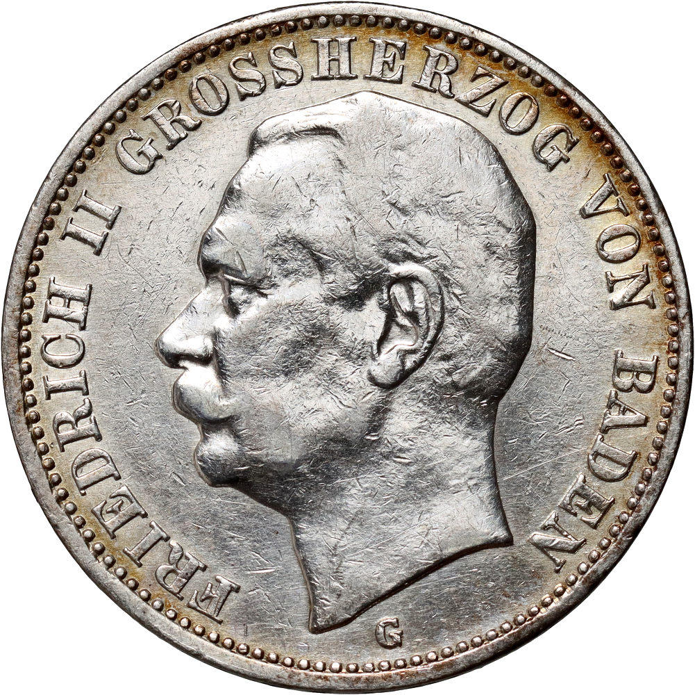 1. Niemcy, Badenia, Fryderyk II, 3 marki 1909 G
