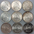 23. Francja, zestaw 9 x 50 franków 1974-1979, Herkules
