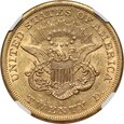 USA, 20 dolarów 1856 S, San Francisco, NGC AU53, #LK