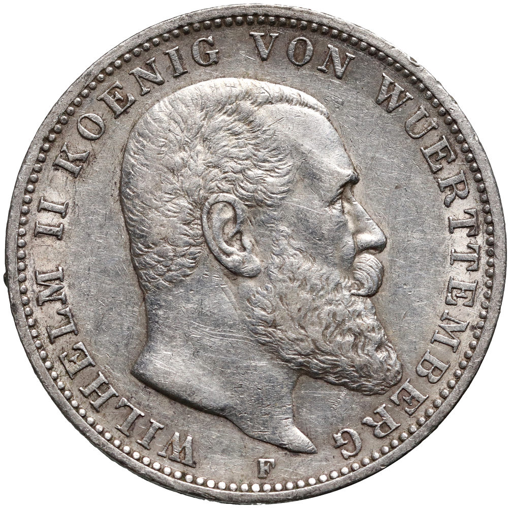 22. Niemcy, Wirtembergia, Wilhelm II, 3 marki 1909 F
