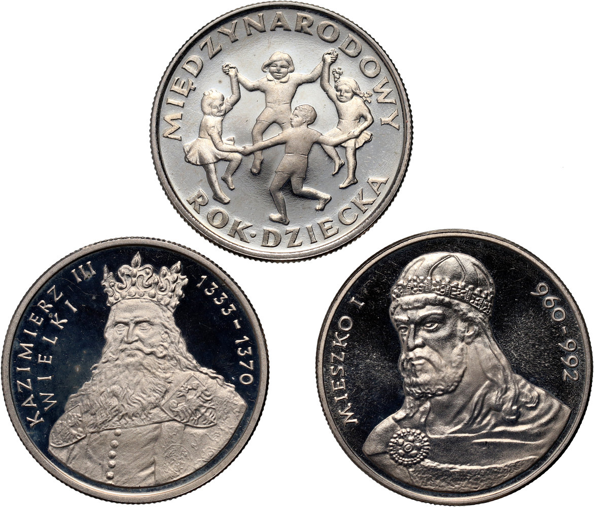 21. Polska, PRL, zestaw 3 monet, Stempel Lustrzany