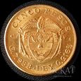  Złota moneta 5 Peso / Pesos 1919 r. - Kolumbia - super stan