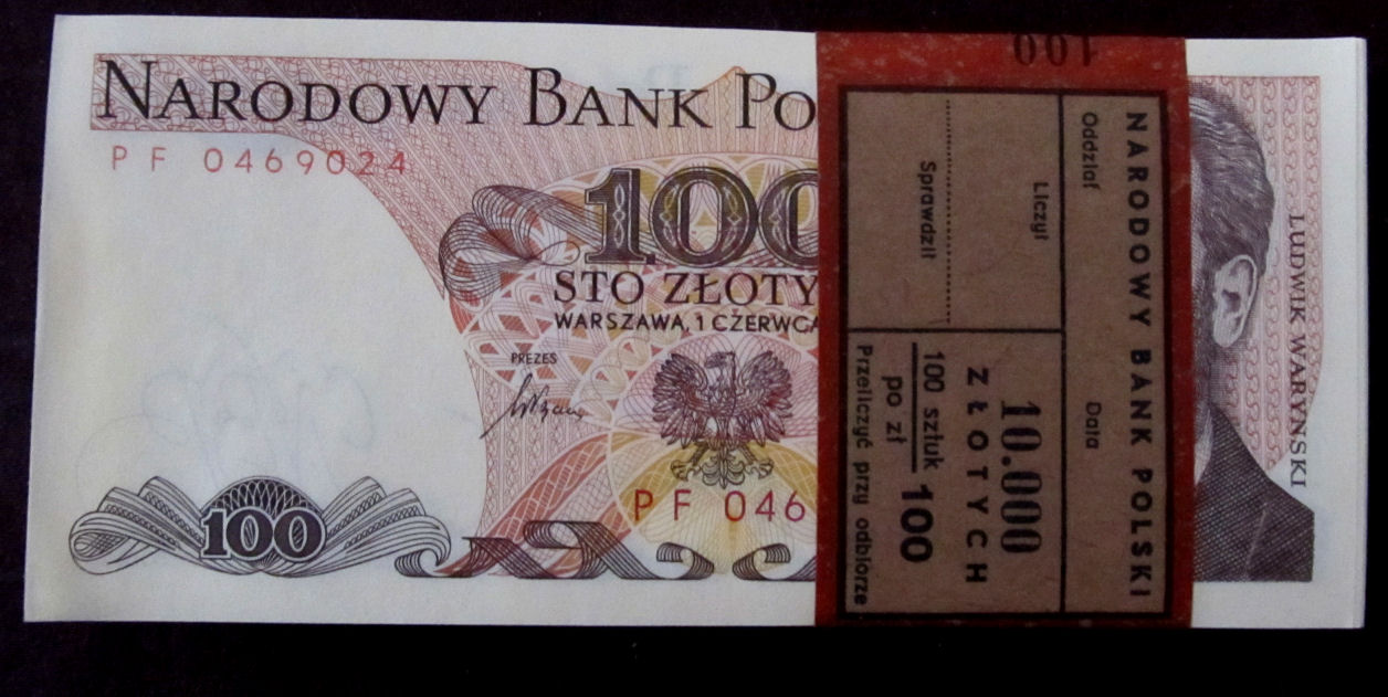  PRL 100 złotych 1986 ser.PF UNC paczka bankowa 100 szt.
