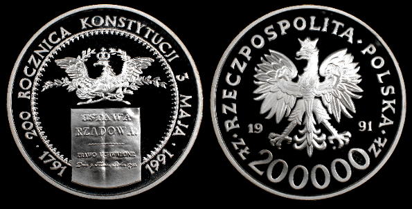 Polska, 200.000 Złotych 1991, 200 Rocznica Konstytucji 3 Maja